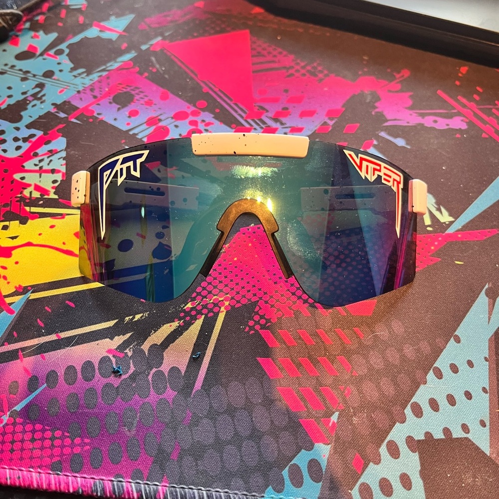Pit Viper Sunglasses with Blue Mirrored Lenses and White Accents